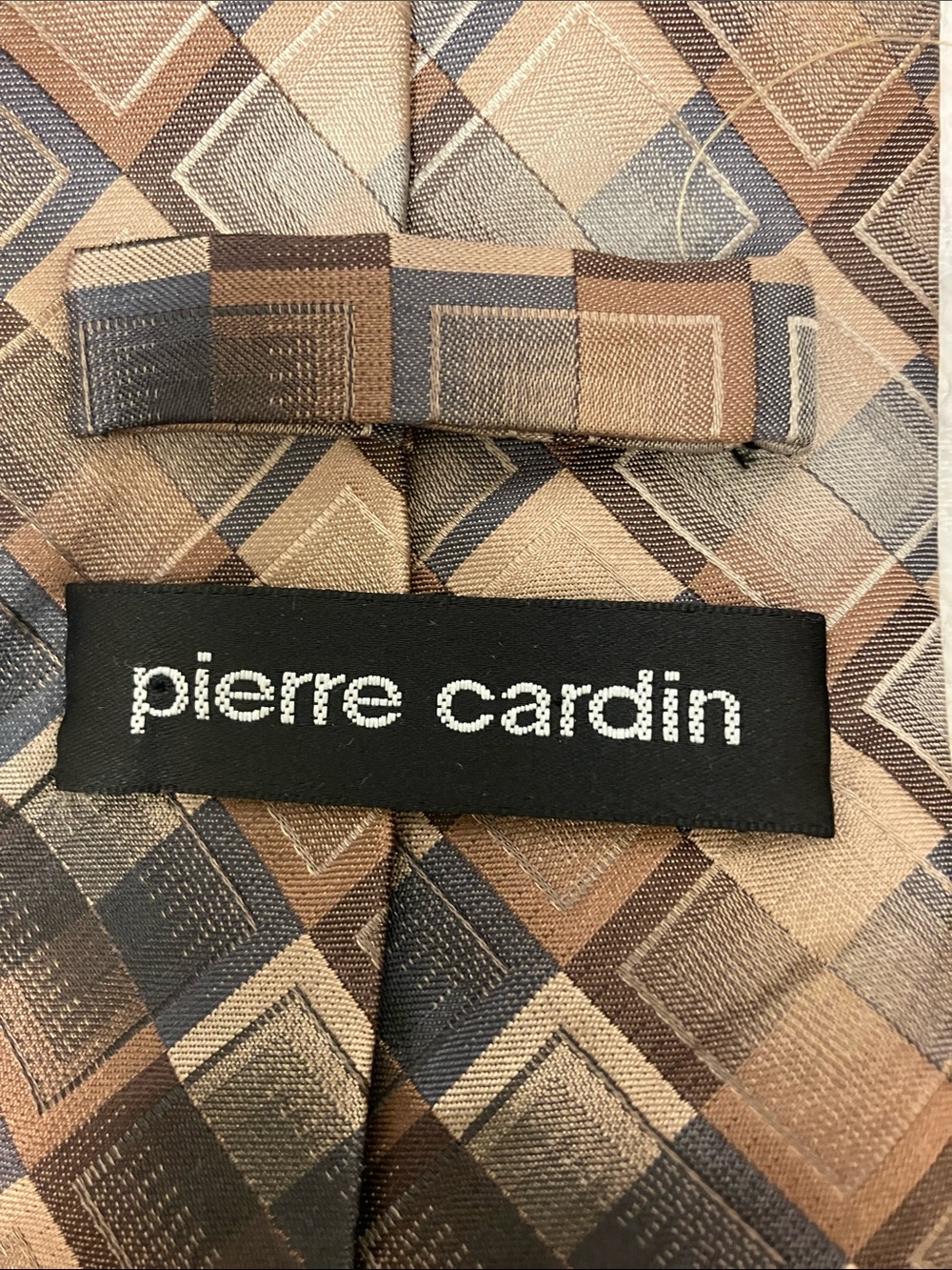 Pierre Cardin silk tie diagonal check pattern, multicoloured beige brown & blue